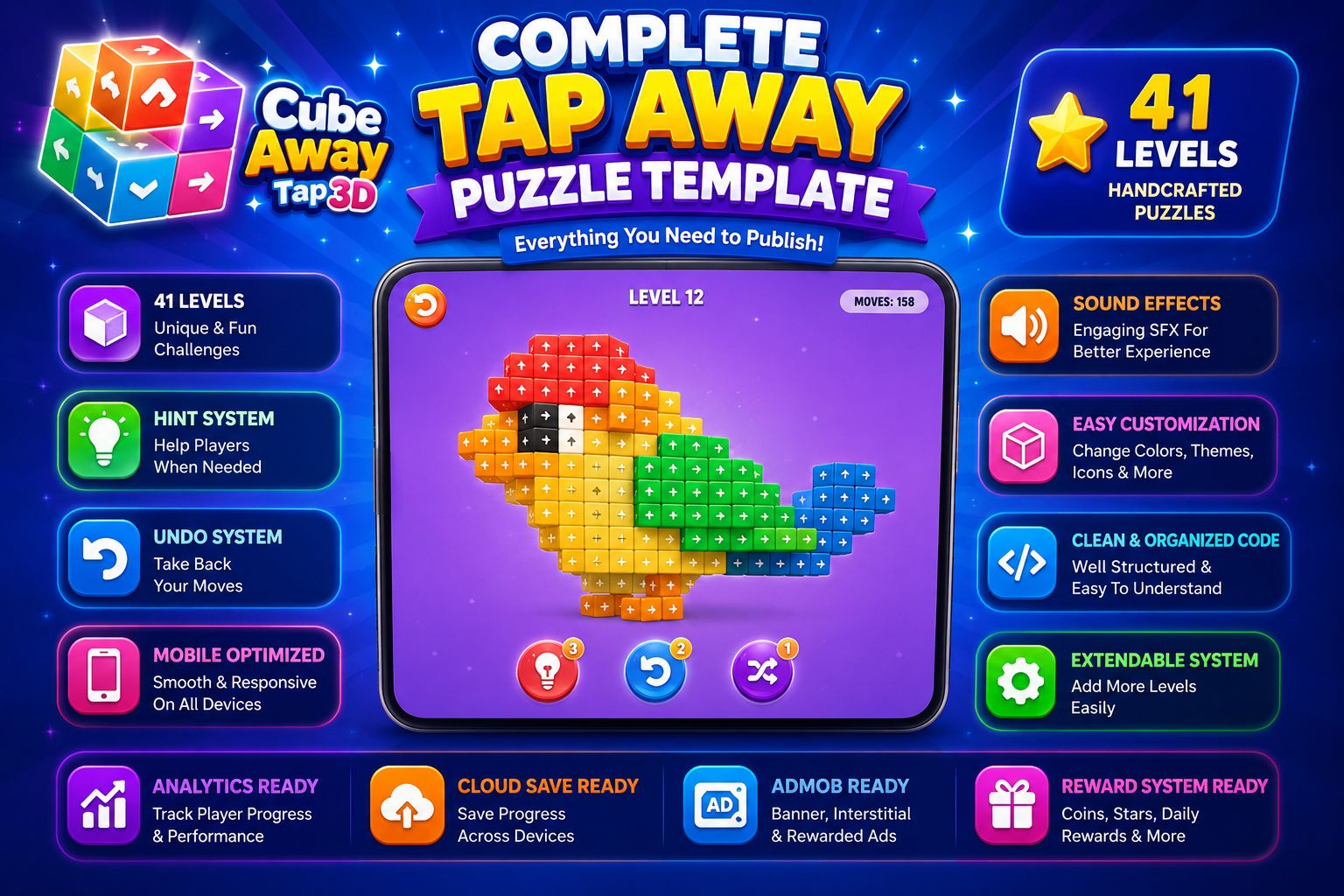 Cube Away –Tap 3D Block Puzzle Unity Template source code
