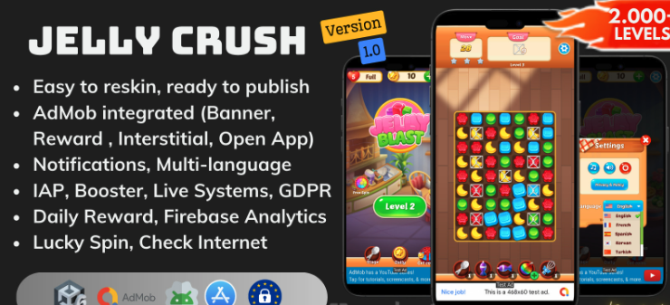 Jelly Crush Unity Source Code – Match 3 Puzzle Game with 2000 Levels | SellUnitySourceCode.com source code